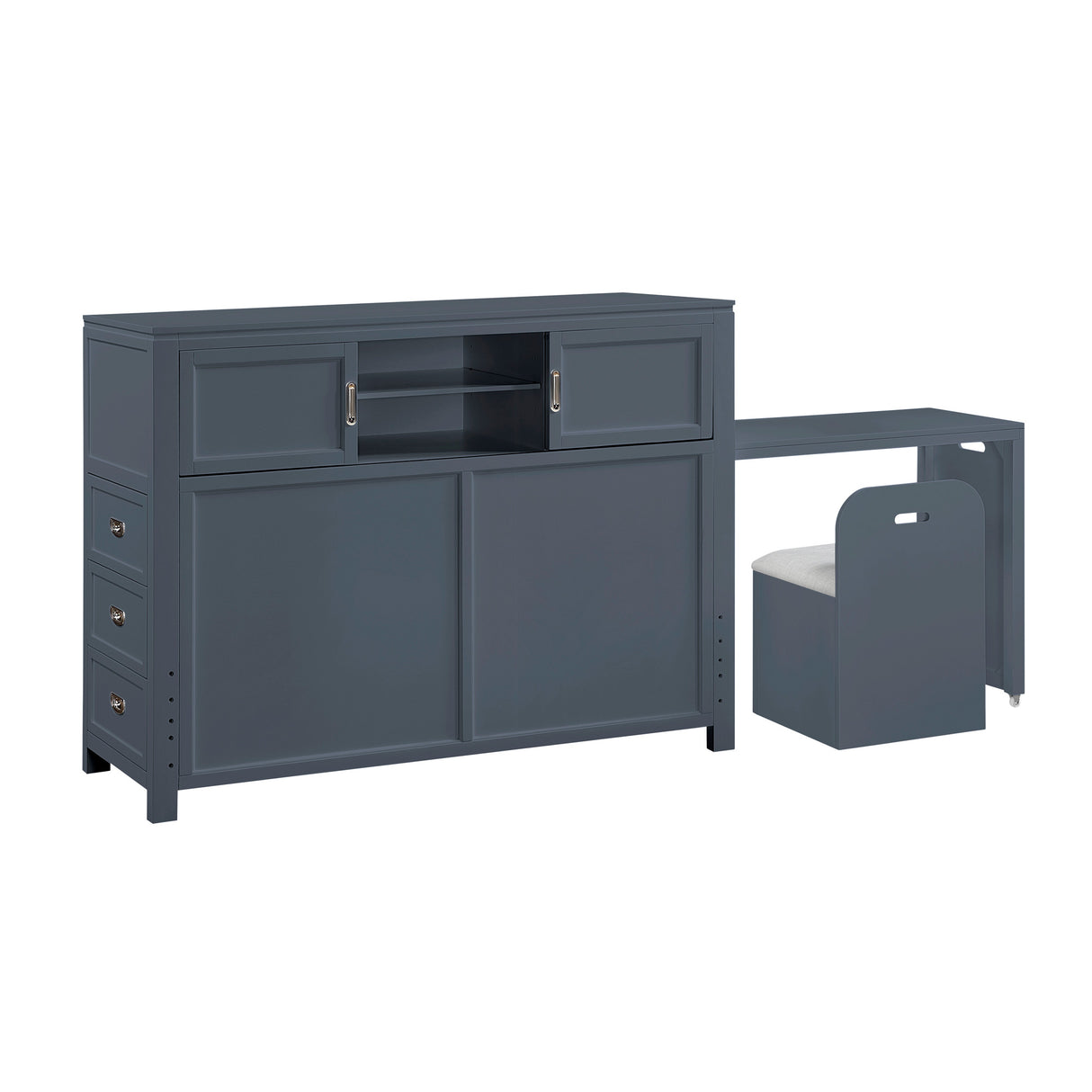 Front right view of Sloane Navy Full Headboard with Desk and Stool