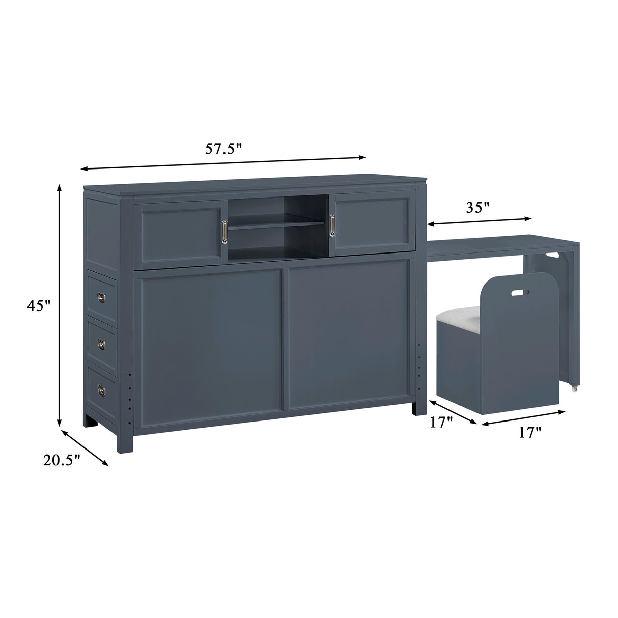 Detail image of Sloane Navy Full Headboard with Desk and Stool with overlay of product dimensions