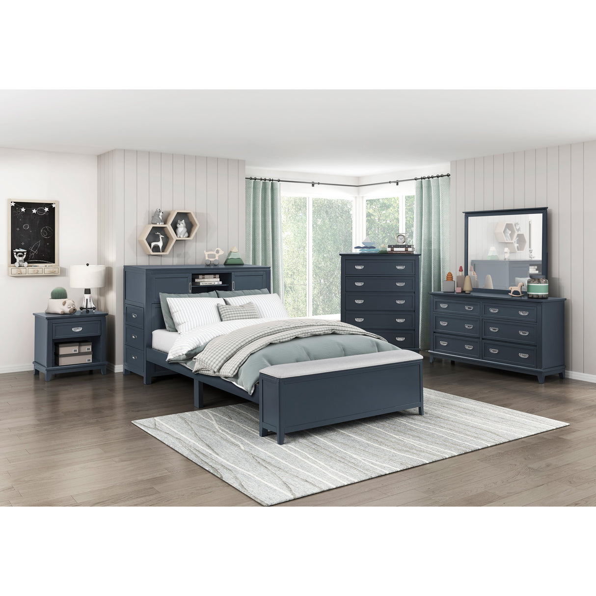 A room setting featuring Sloane Navy Full Headboard with Desk and Stool