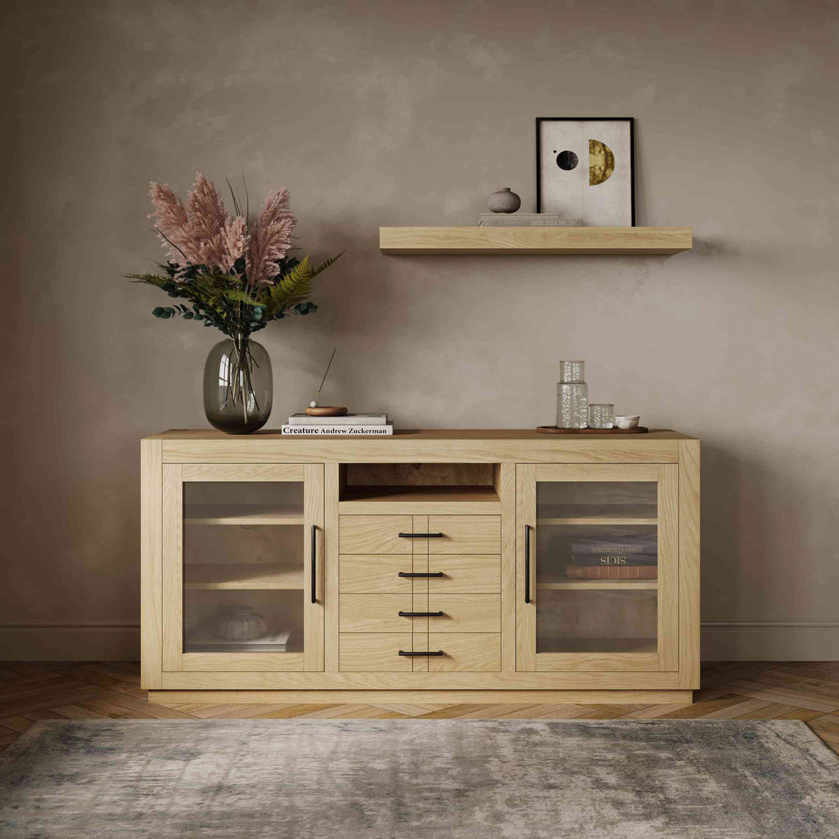 A room setting featuring Auburn Hills Light Oak 60 Inch Console