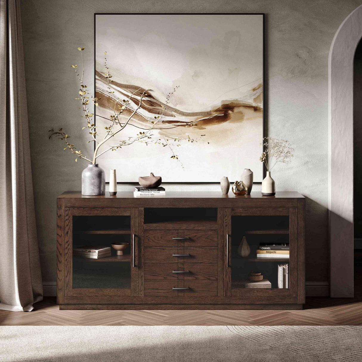A room setting featuring Auburn Hills Dark Oak 70 Inch Console