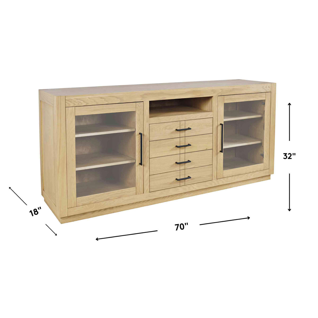 Detail image of Auburn Hills Light Oak 70 Inch Console with overlay of product dimensions