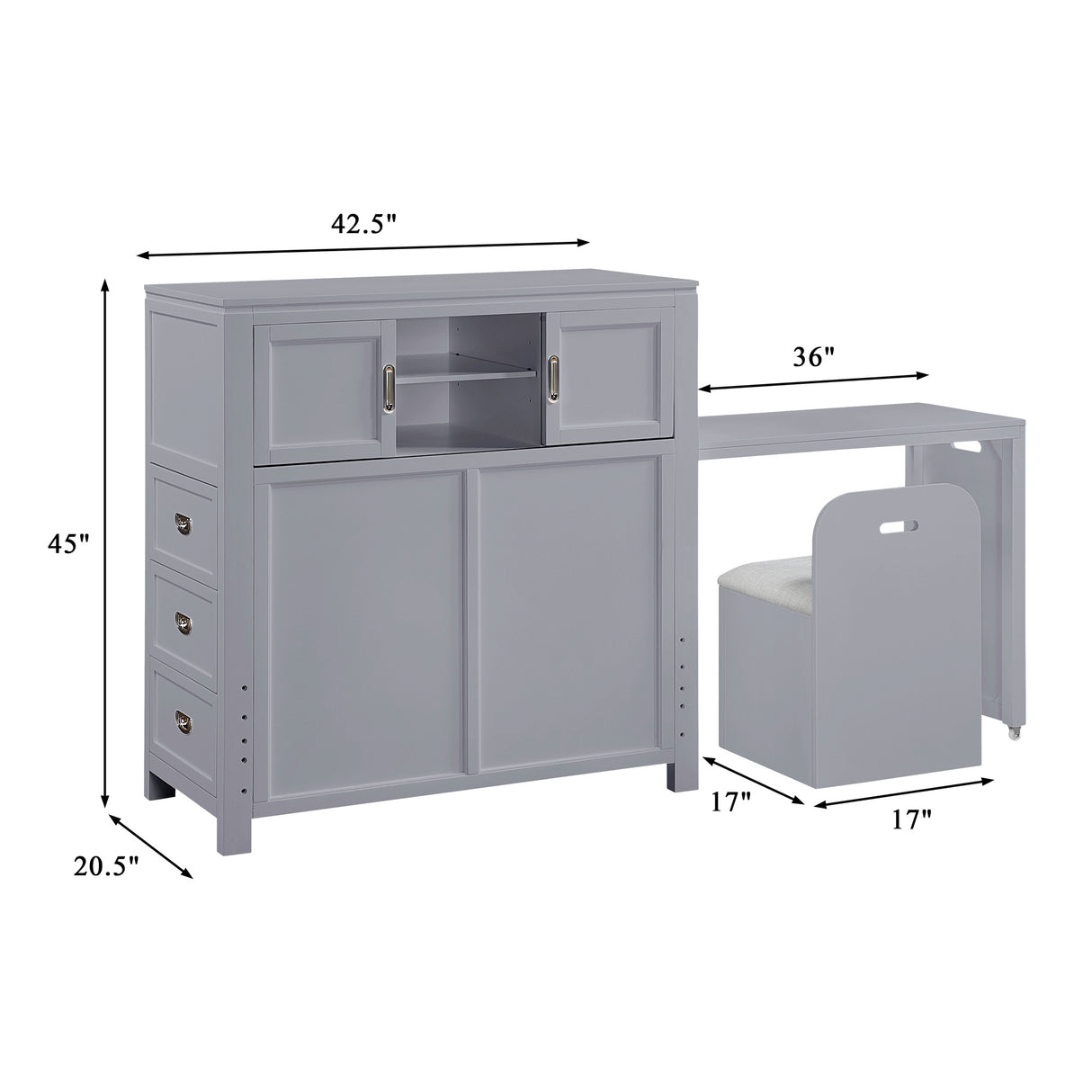 Detail image of Sloane Gray Twin Headboard with Desk and Stool with overlay of product dimensions