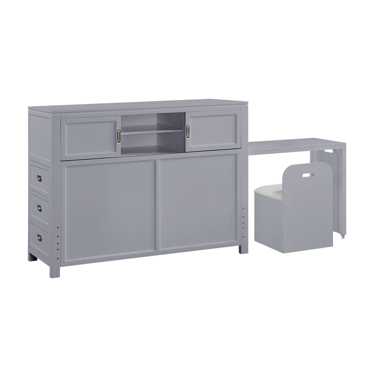 Front right view of Sloane Gray Full Headboard with Desk and Stool