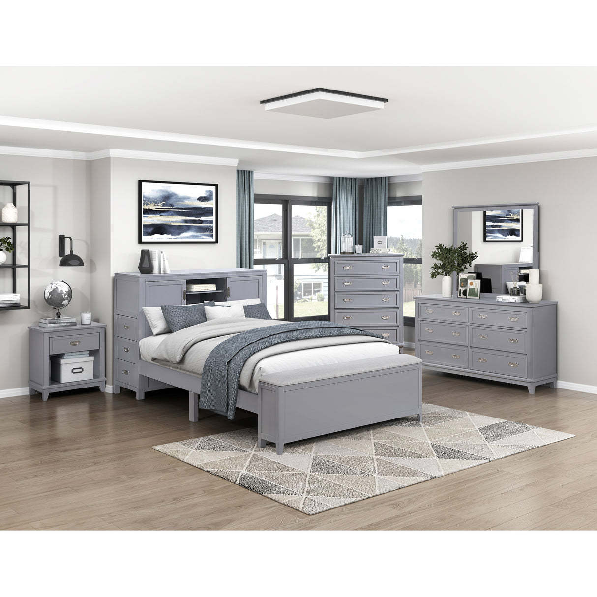 A room setting featuring Sloane Gray Full Headboard with Desk and Stool