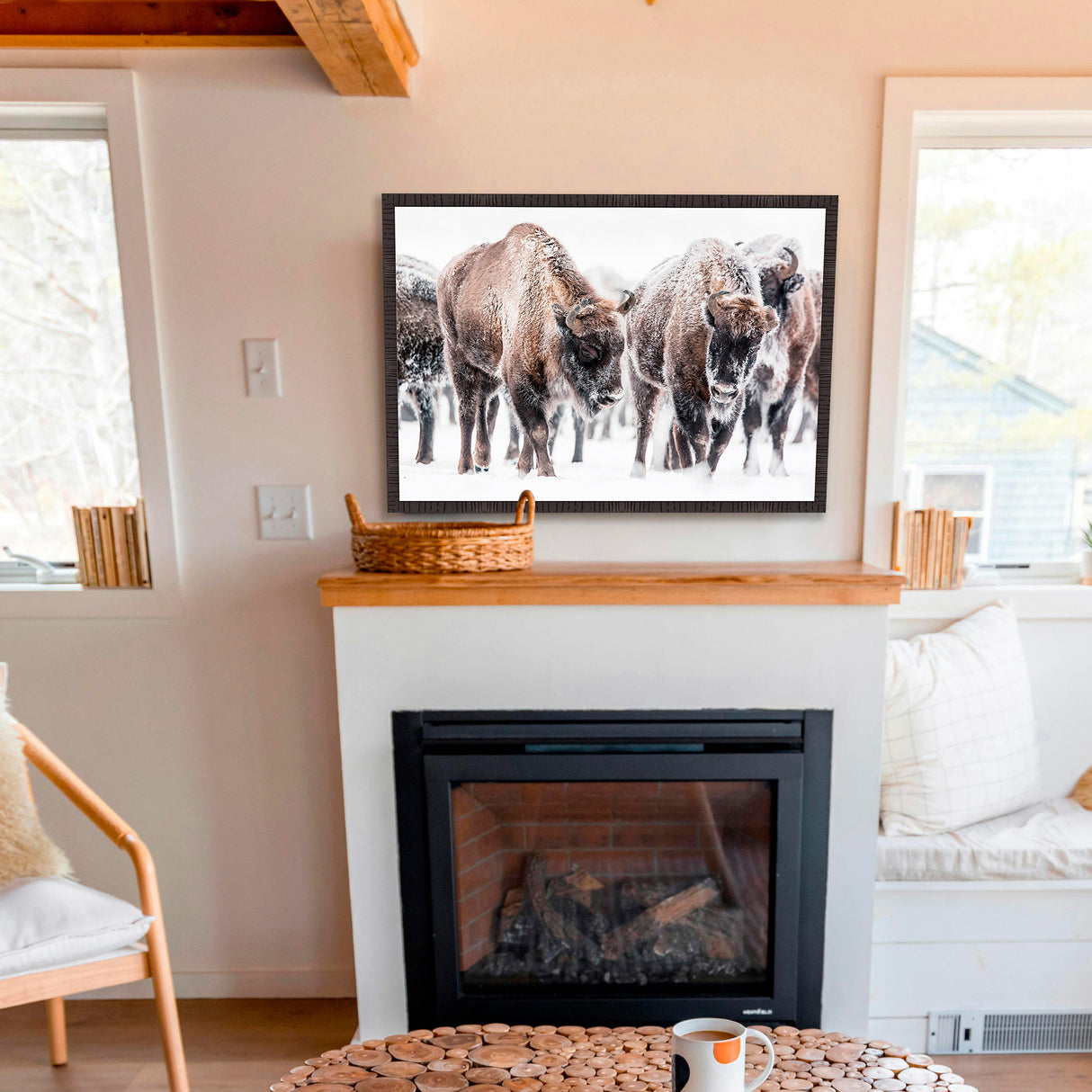 A room setting featuring Winter Bison Wall Art