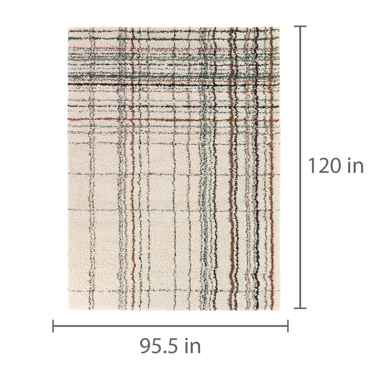 Detail image of Circe Cream 8x10 Shag Area Rug with overlay of product dimensions