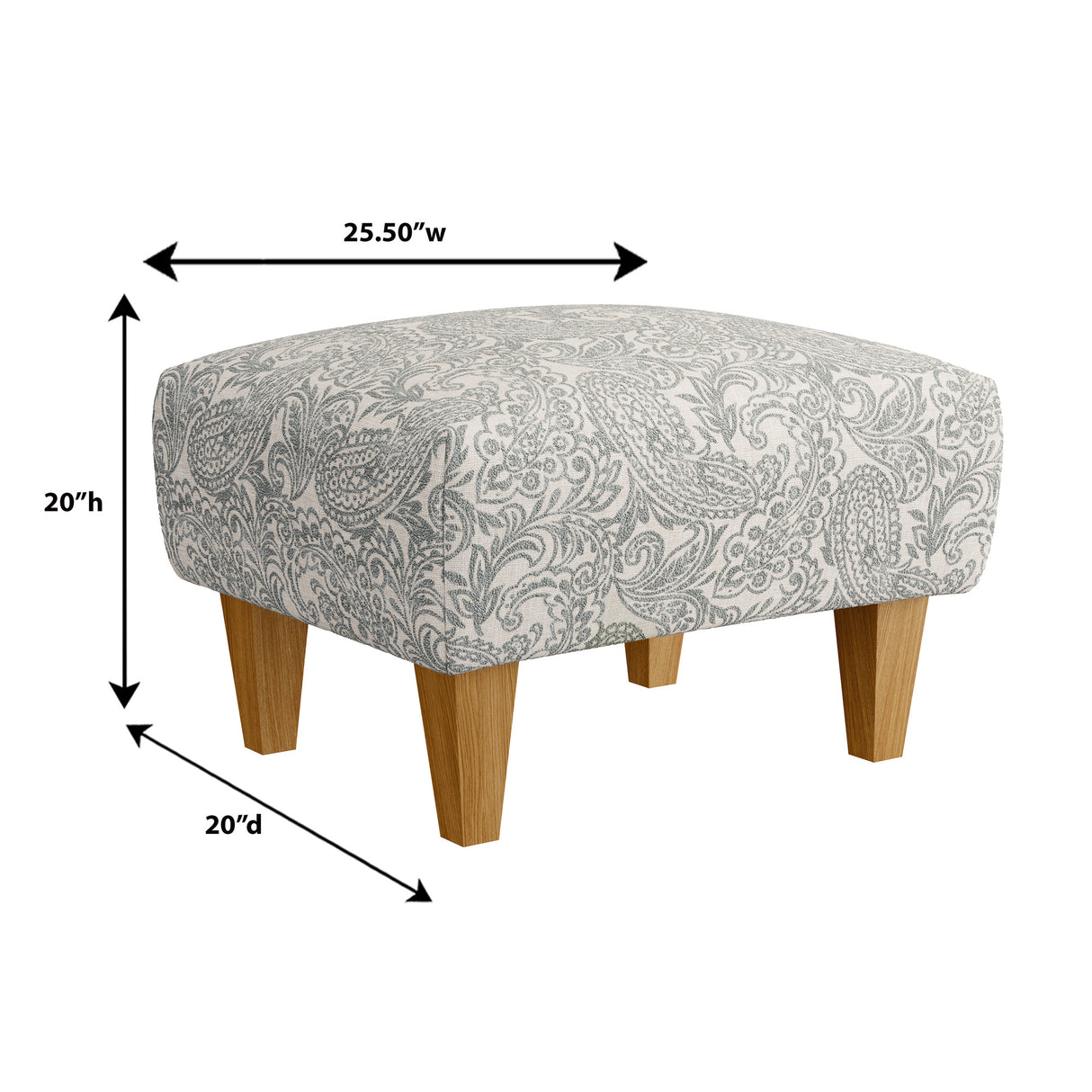 Detail image of Riley Cream Ottoman with overlay of product dimensions