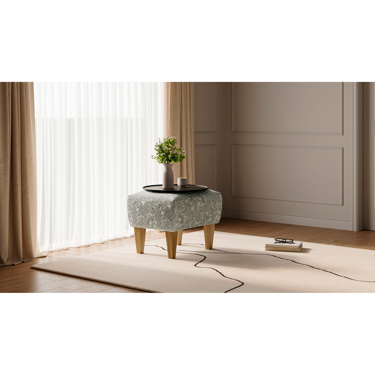 Room setting 2 featuring Riley Cream Ottoman