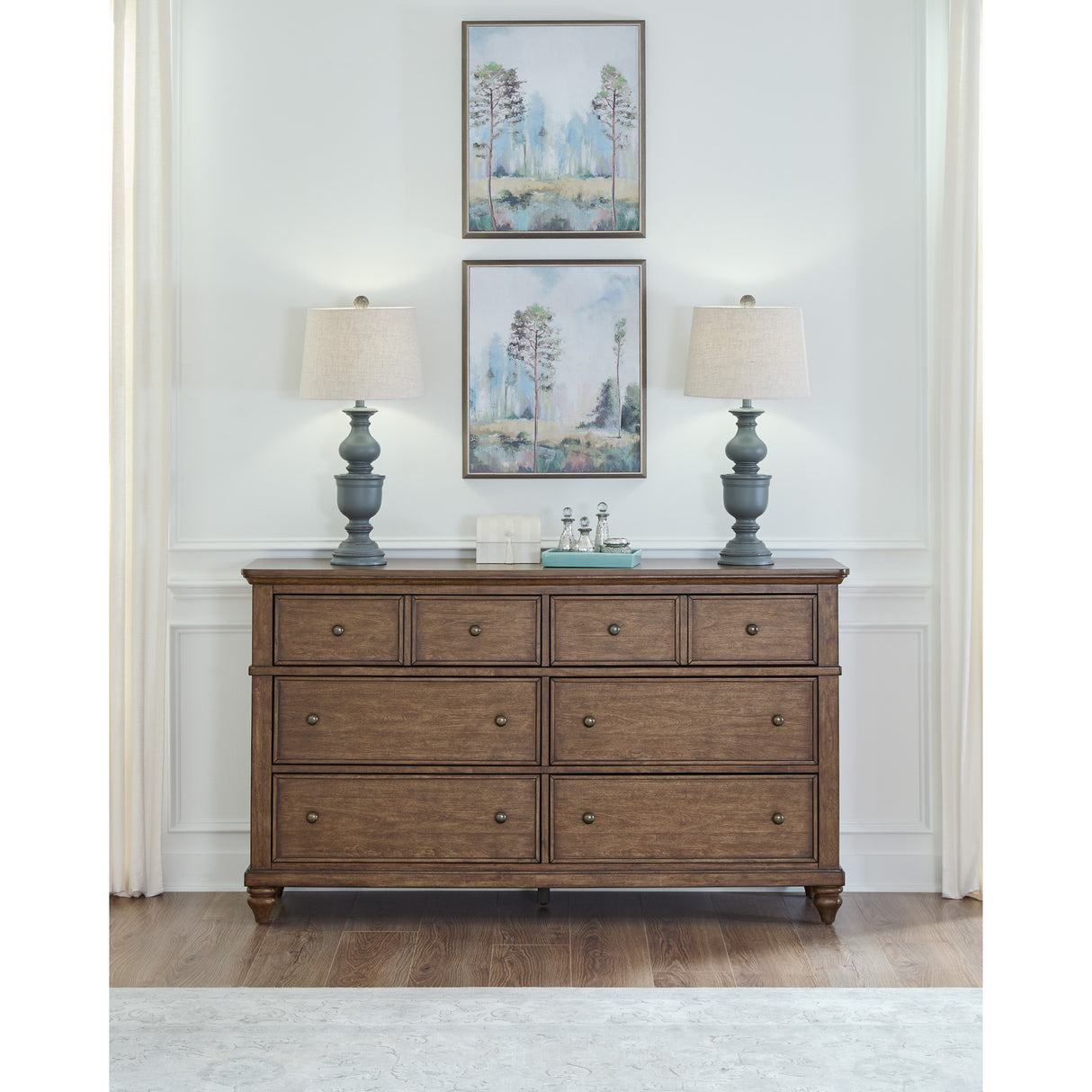 A room setting featuring Paola Chestnut 6 Drawer Dresser