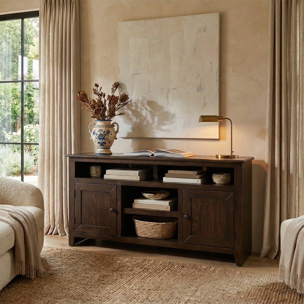 A room setting featuring Tampico Kane Brown 58 Inch Console