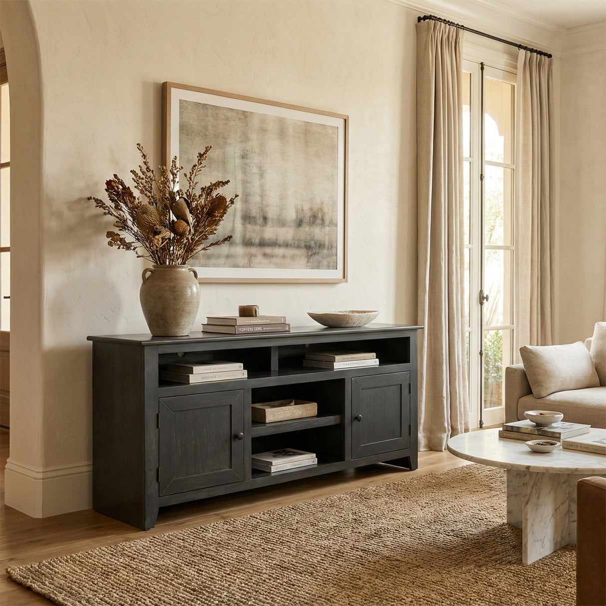 A room setting featuring Tampico American Gray 58 Inch Console