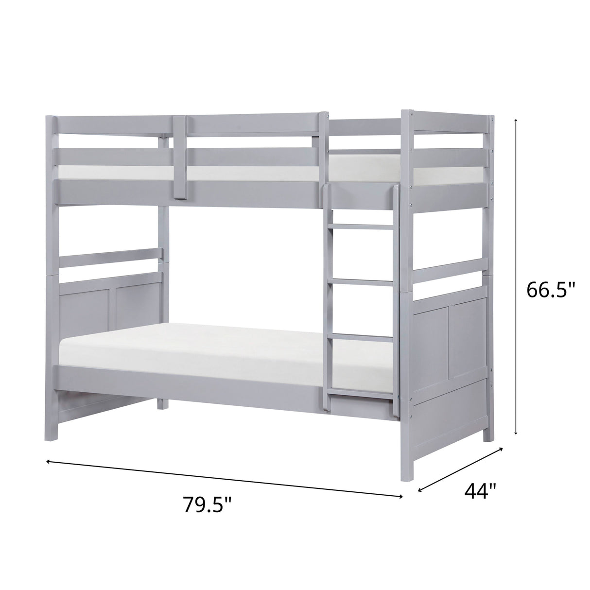 Detail image of Sloane Gray Twin Over Twin Bunk Bed with overlay of product dimensions