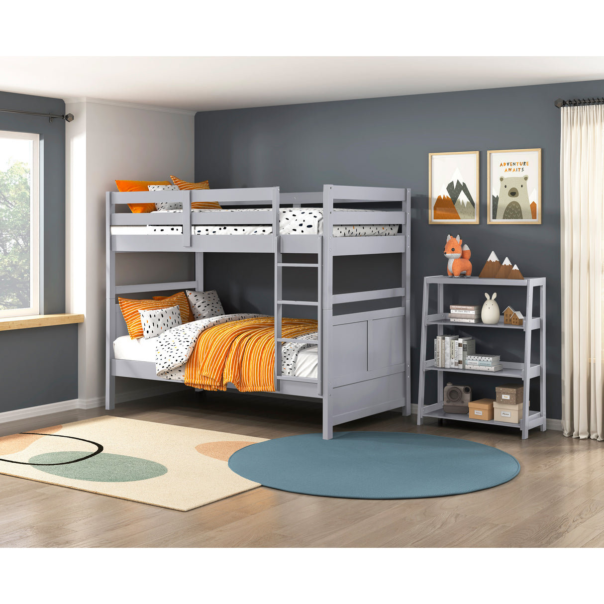A room setting featuring Sloane Gray Twin Over Twin Bunk Bed