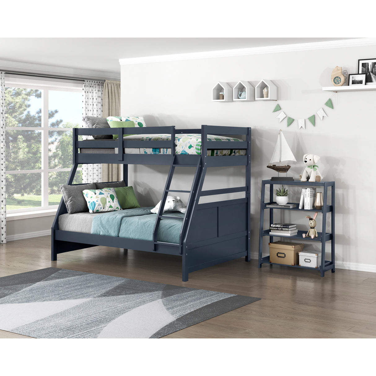 A room setting featuring Sloane Navy Twin Over Full Bunk Bed