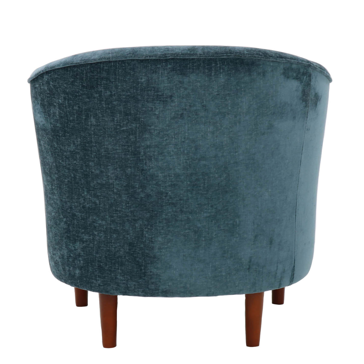 Blue velvet armchair with wooden legs on a white background