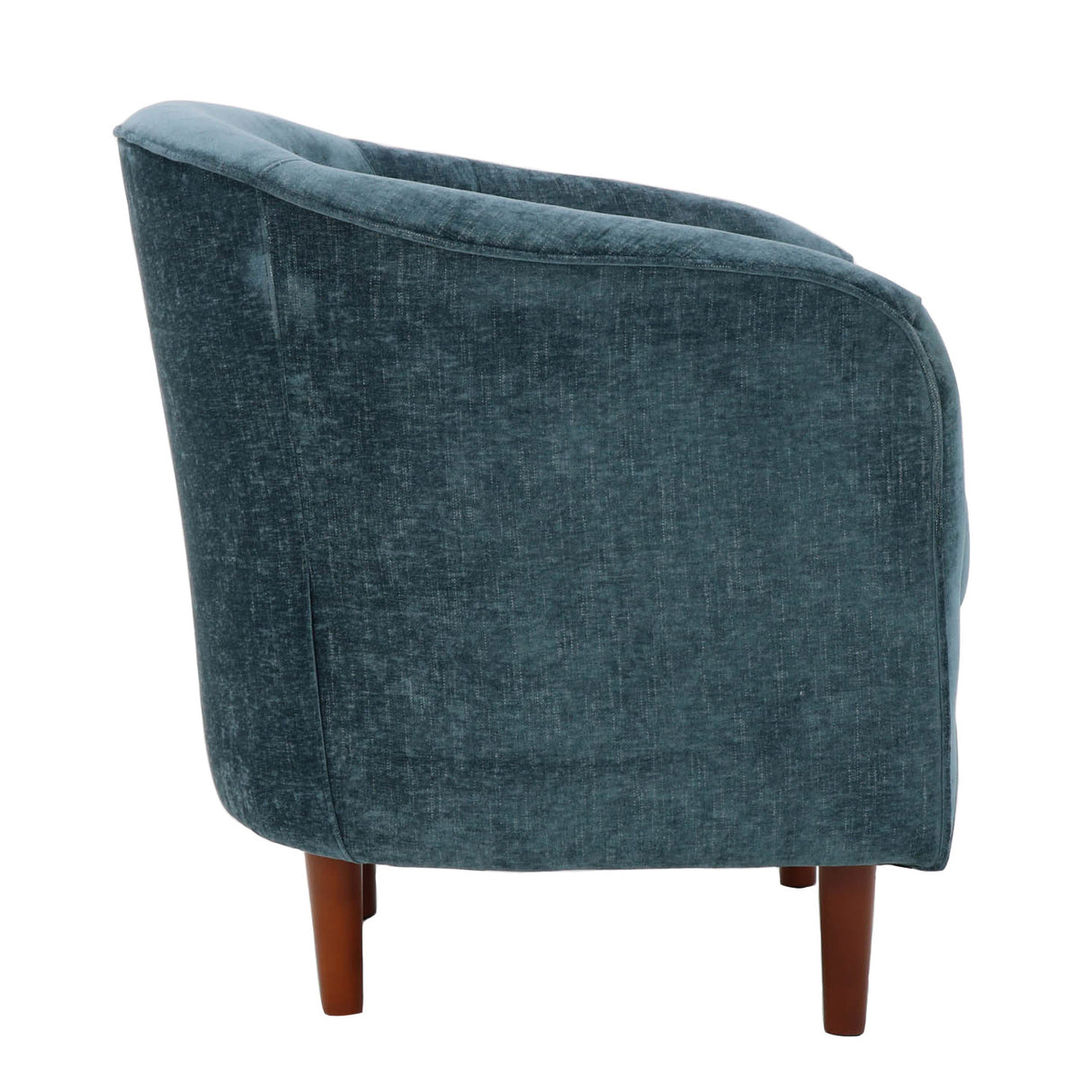 Blue upholstered armchair with wooden legs on a white background