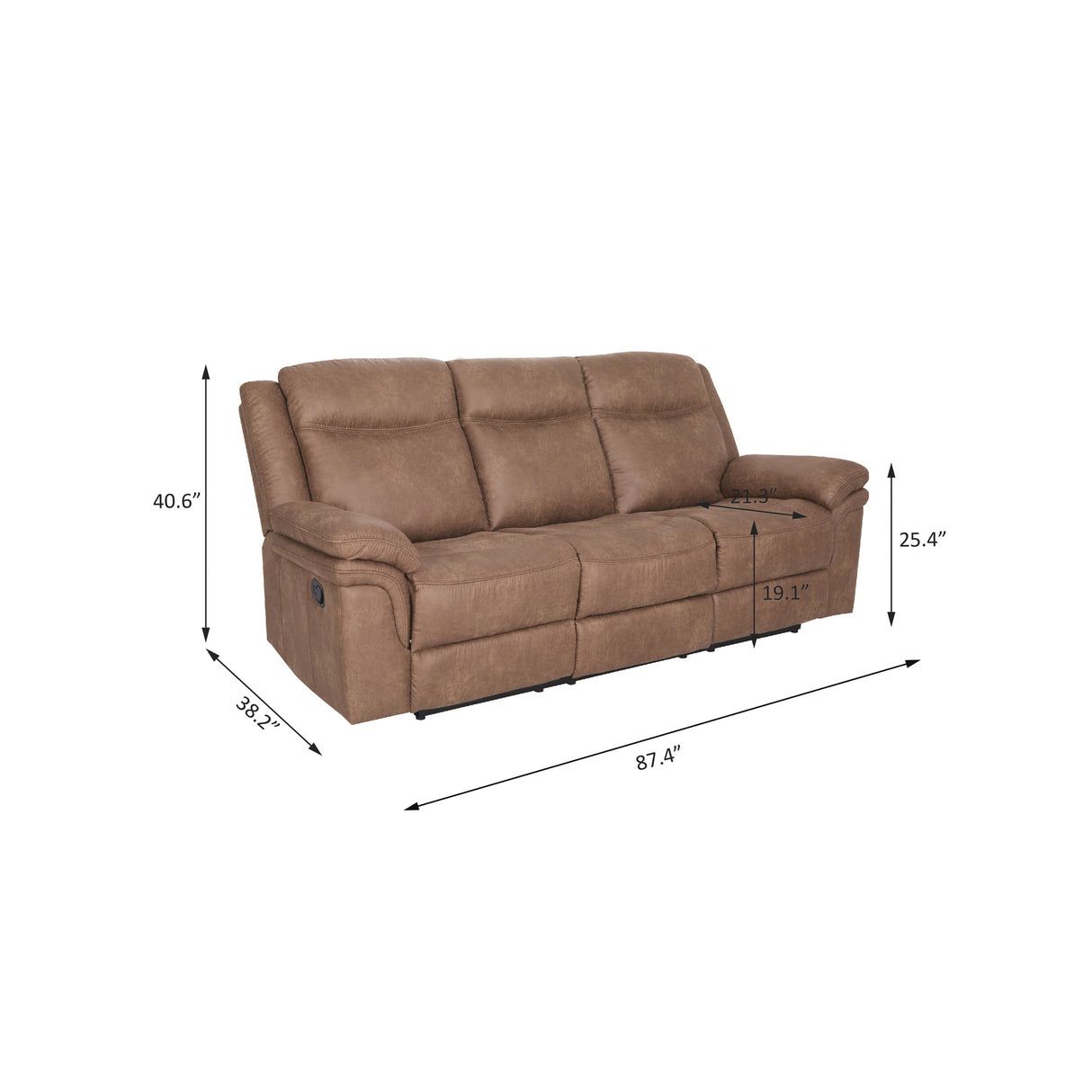 Detail image of Remy Brown Reclining Sofa with overlay of product dimensions