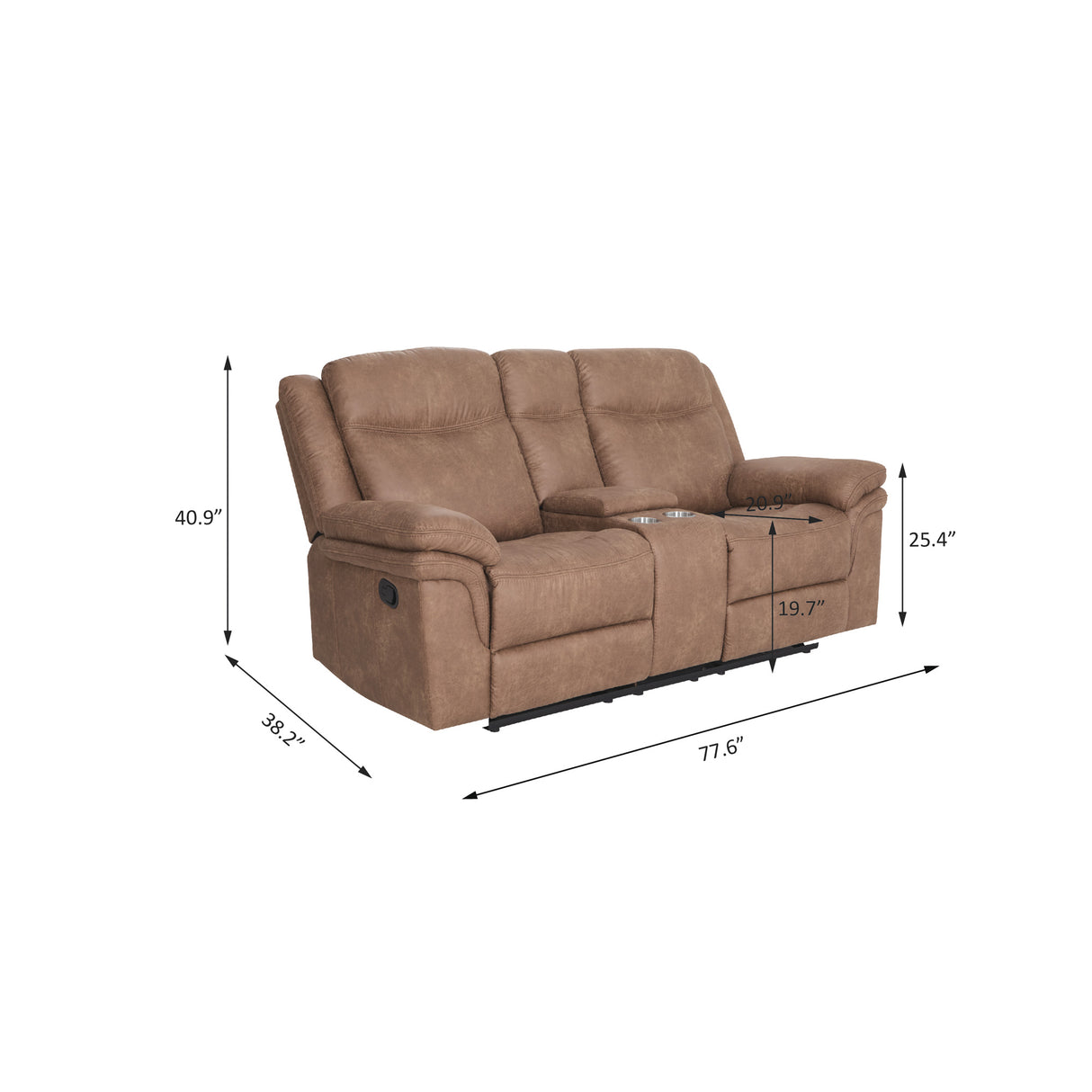 Detail image of Remy Brown Glider Reclining Loveseat with overlay of product dimensions