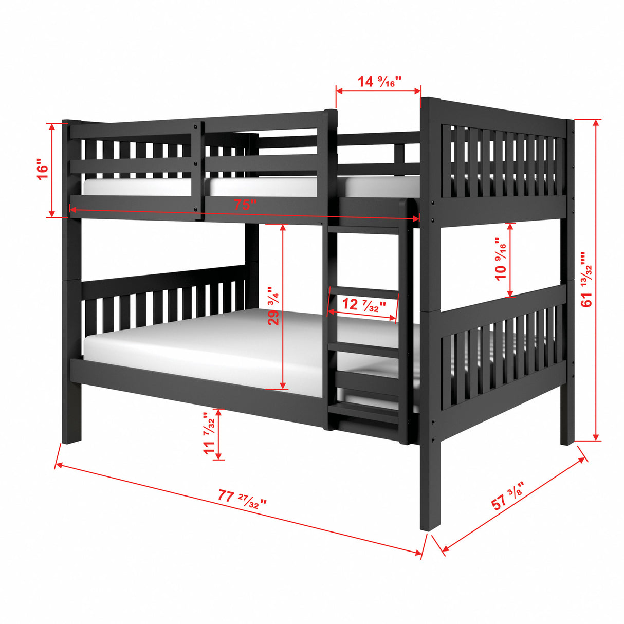 Detail image of Jordan Gray Full Over Full Bunk Bed with overlay of product dimensions