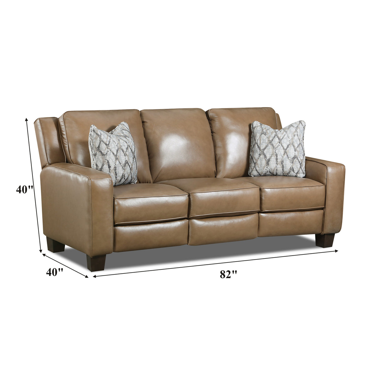 Detail image of Primrose Hill Toast Leather Power Reclining Sofa with overlay of product dimensions