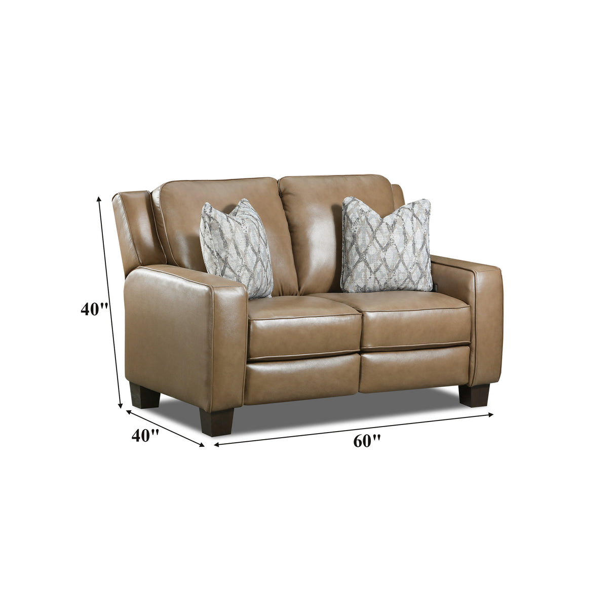 Detail image of Primrose Hill Toast Leather Power Reclining Loveseat with overlay of product dimensions