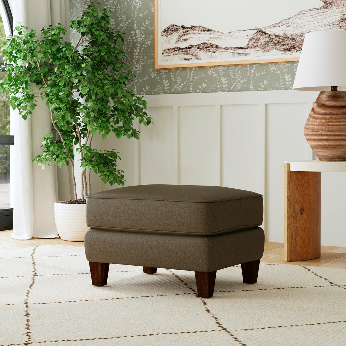 A room setting featuring Finley Dark Brown Leather Ottoman