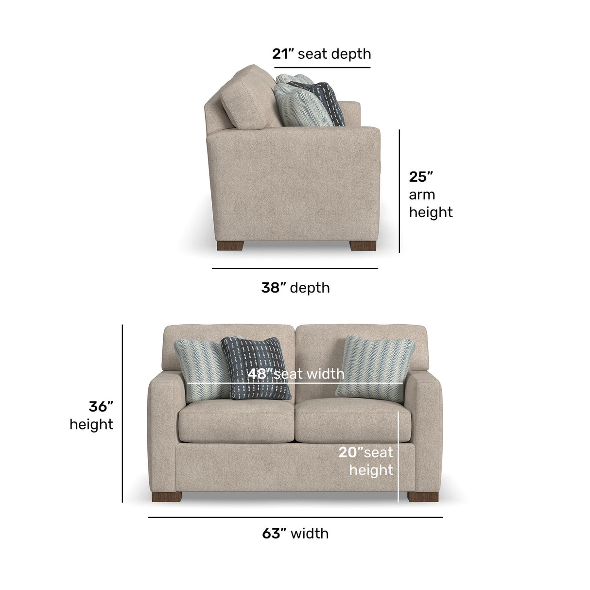 Detail image of Bryant Shell Loveseat with overlay of product dimensions