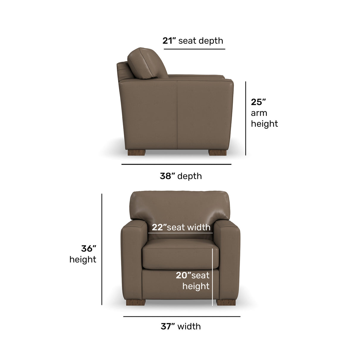 Detail image of Bryant Dark Stone Leather Chair with overlay of product dimensions