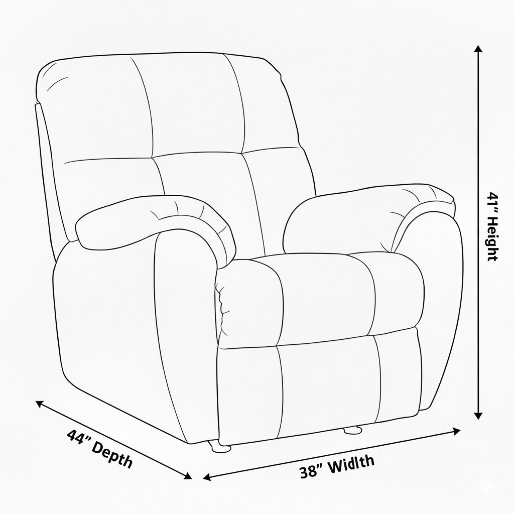 Detail image of Stayfish Chocolate Rocker Recliner with overlay of product dimensions
