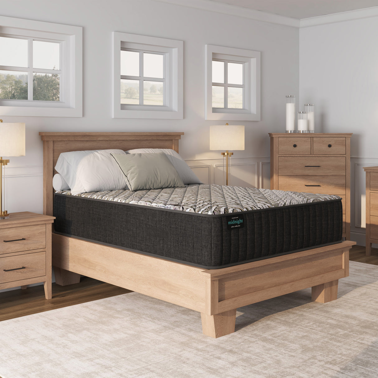 A room setting featuring Slumberland Midnight Select Firm Tight Top Full Mattress