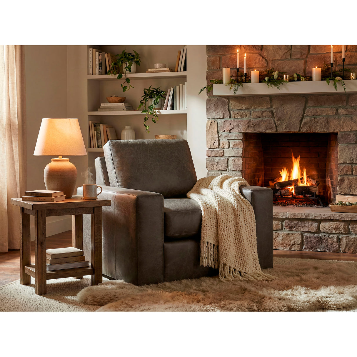 A room setting featuring Juno Gray Feather Blend Leather Swivel Chair