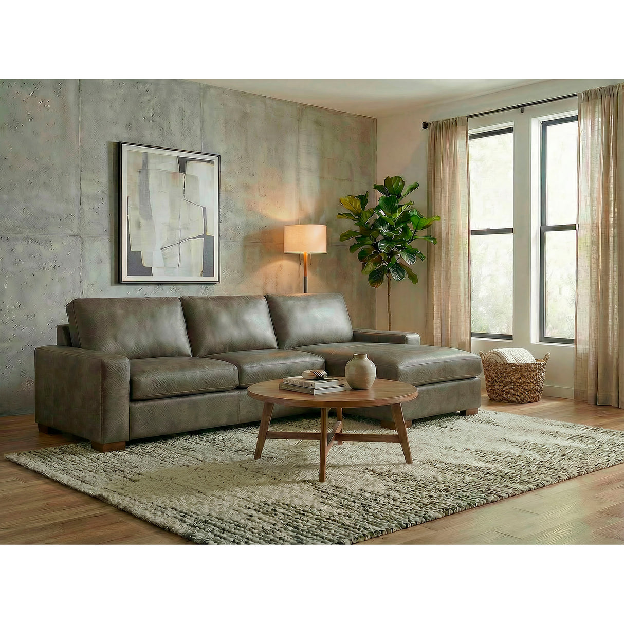 A room setting featuring Juno Gray 2 Piece Feather Blend Leather Left Chaise Sectional