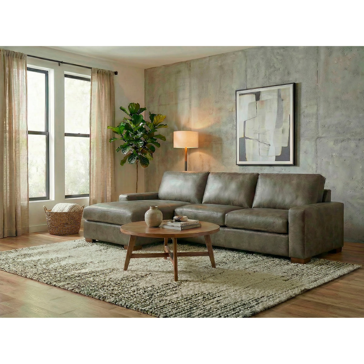 A room setting featuring Juno Gray 2 Piece Feather Blend Leather Left Chaise Sectional