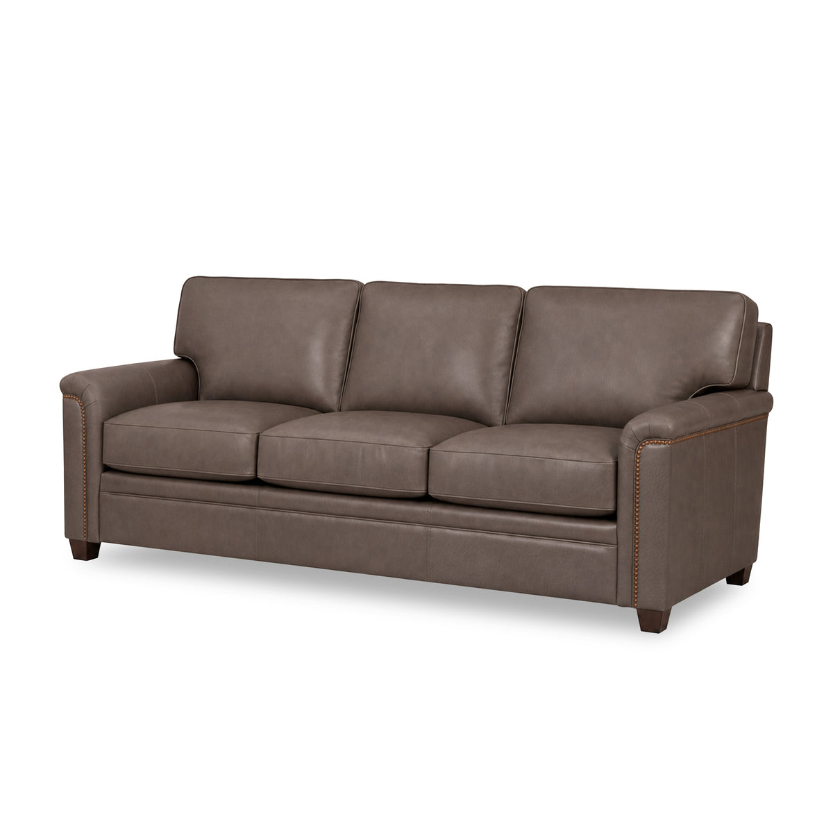 Front right view of Warren Chocolate Feather Blend Leather Nail Head Sofa