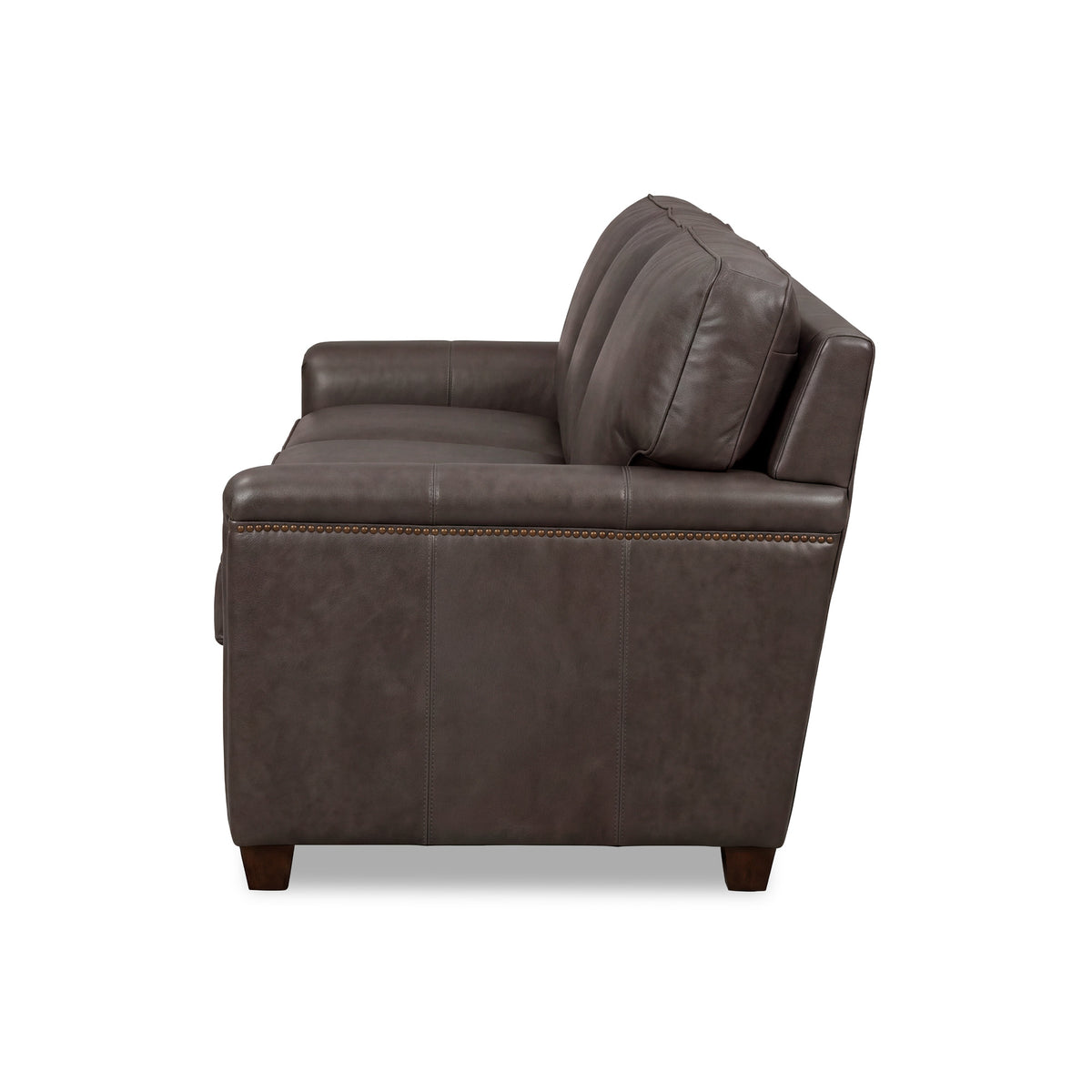 Side view of Warren Chocolate Feather Blend Leather Nail Head Sofa