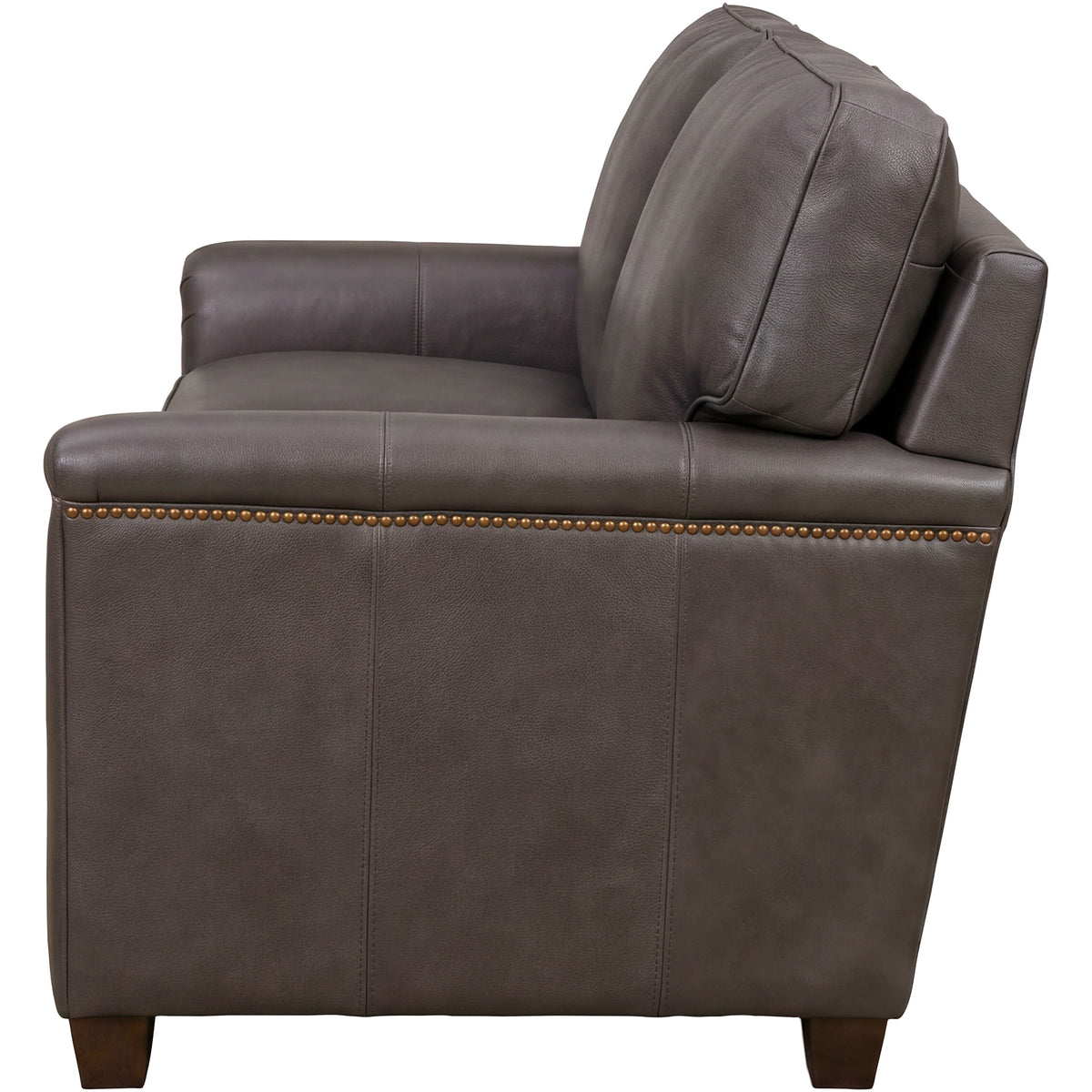 Side view of Warren Chocolate Feather Blend Leather Nail Head Loveseat
