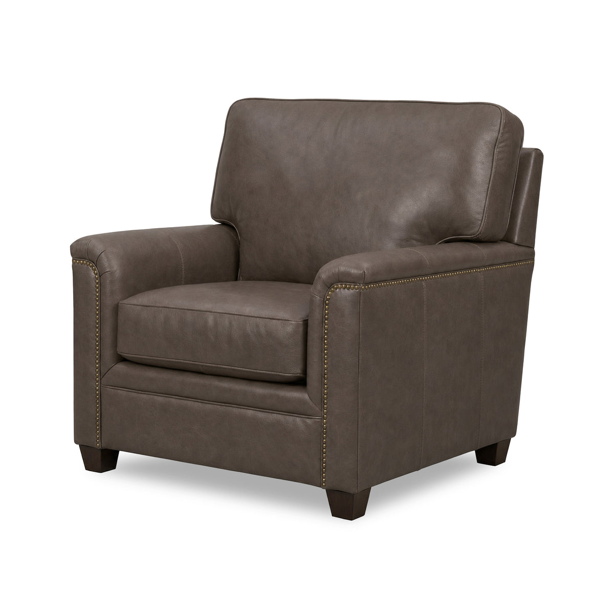 Front right view of Warren Chocolate Feather Blend Leather Nail Head Chair
