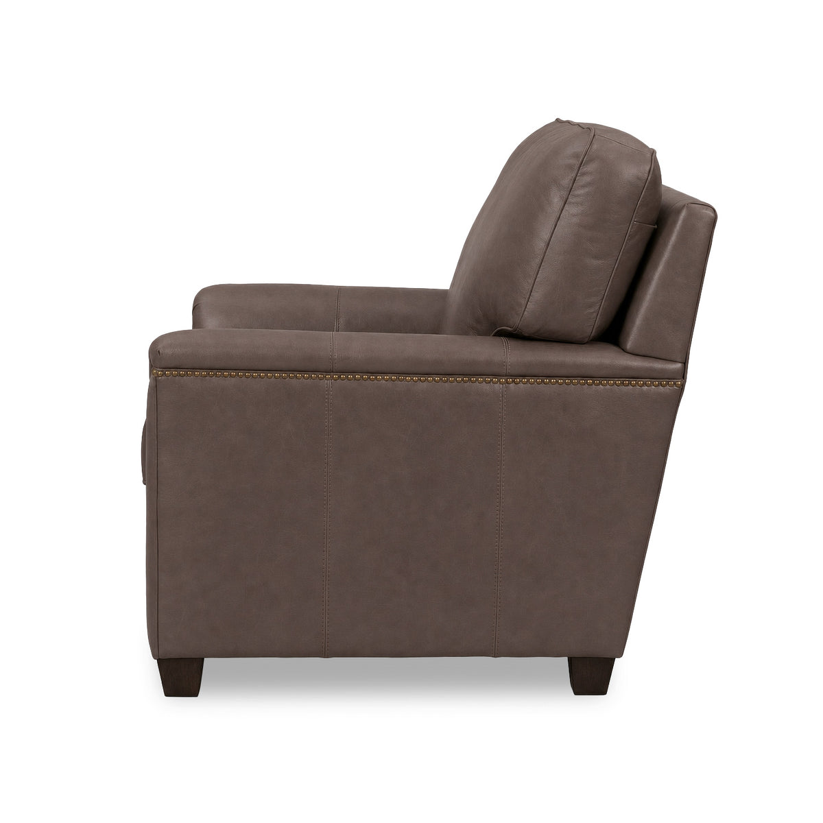 Side view of Warren Chocolate Feather Blend Leather Nail Head Chair