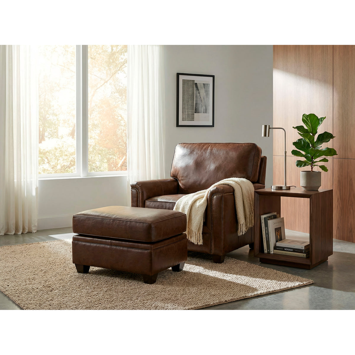 A room setting featuring Warren Chocolate Feather Blend Leather Ottoman