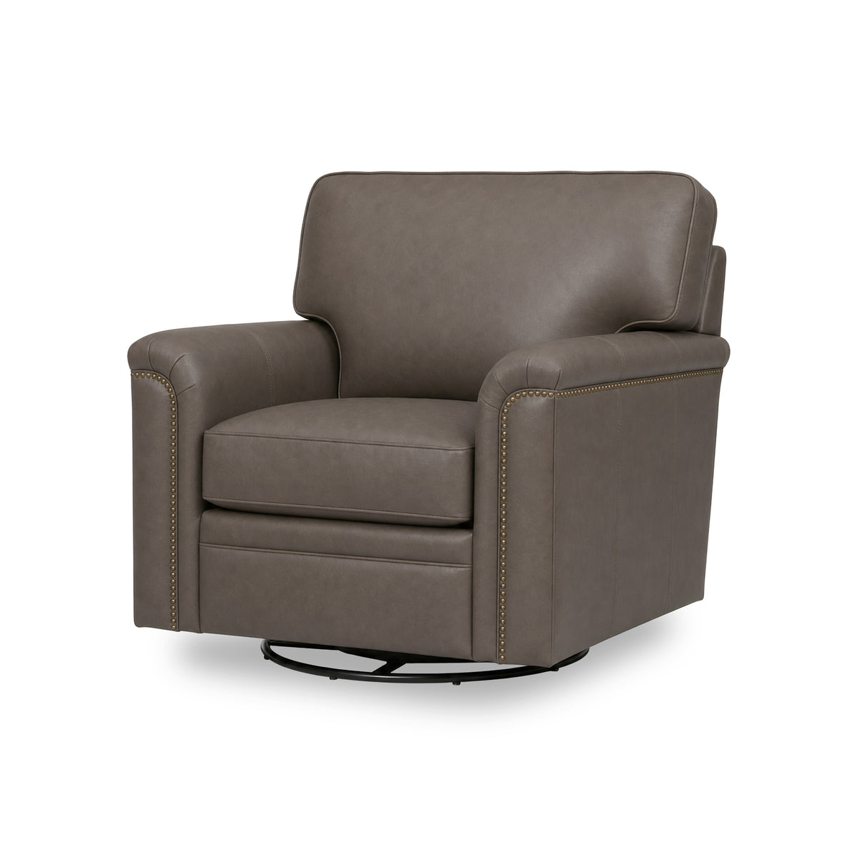 Front right view of Warren Chocolate Feather Blend Leather Nail Head Swivel Chair