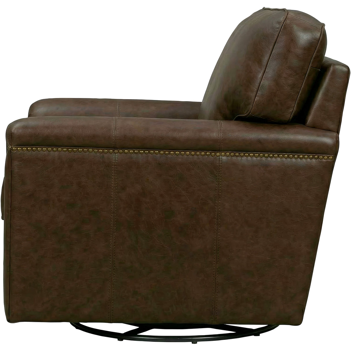 Side view of Warren Chocolate Feather Blend Leather Nail Head Swivel Chair