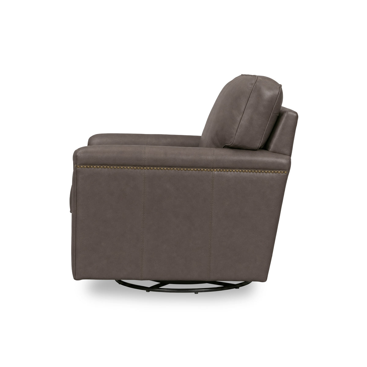 Side view of Warren Chocolate Feather Blend Leather Nail Head Swivel Chair