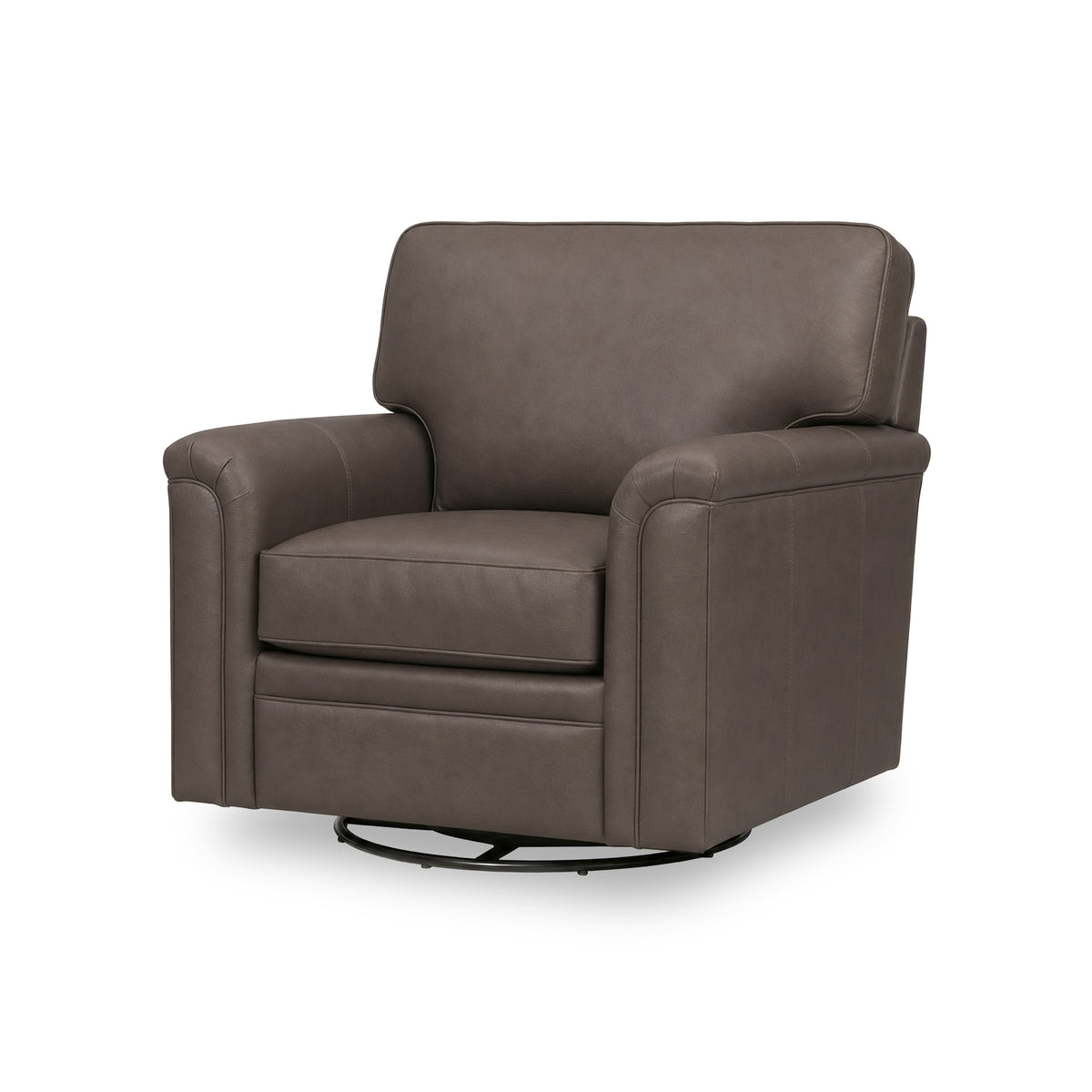 Front right view of Warren Chocolate Feather Blend Leather Swivel Chair