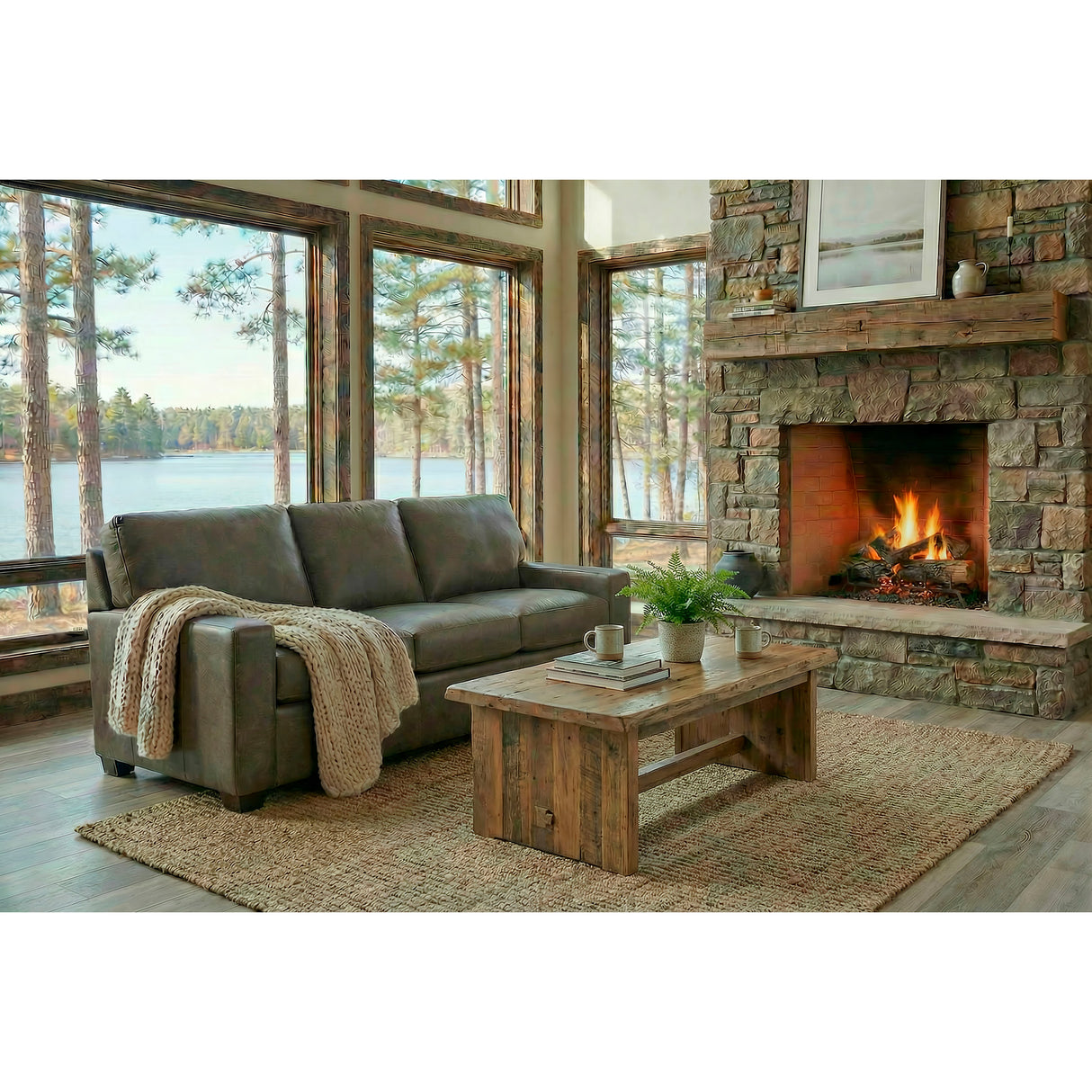 A room setting featuring Merritt Carbone Feather Blend Leather Sofa