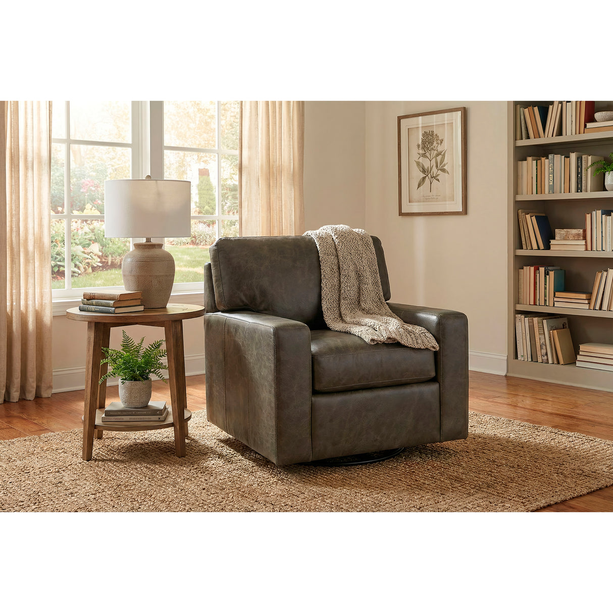 A room setting featuring Merritt Carbone Feather Blend Leather Swivel Chair