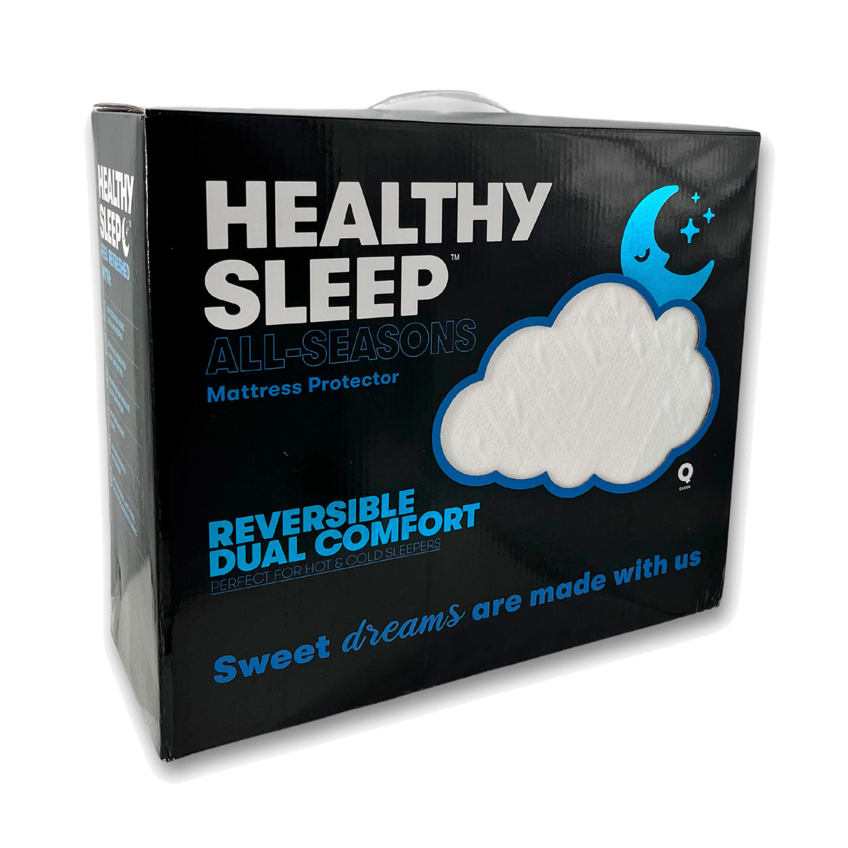 Front left view of All Seasons White Split Head Queen Mattress Protector