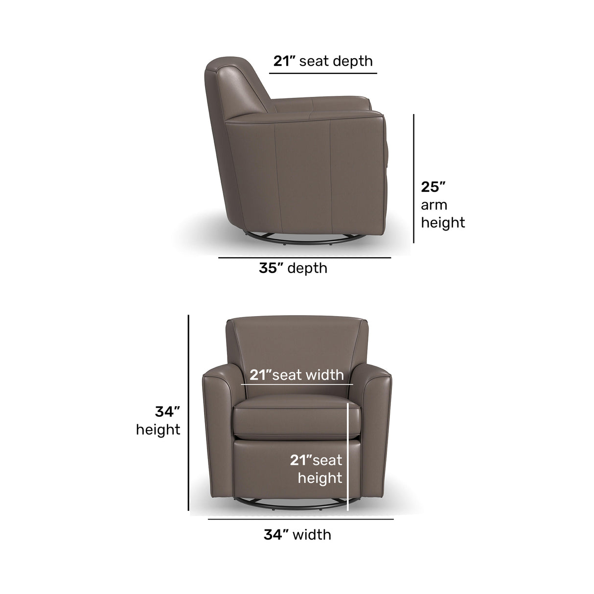 Detail image of Kingman Dark Stone Leather Swivel Glider with overlay of product dimensions