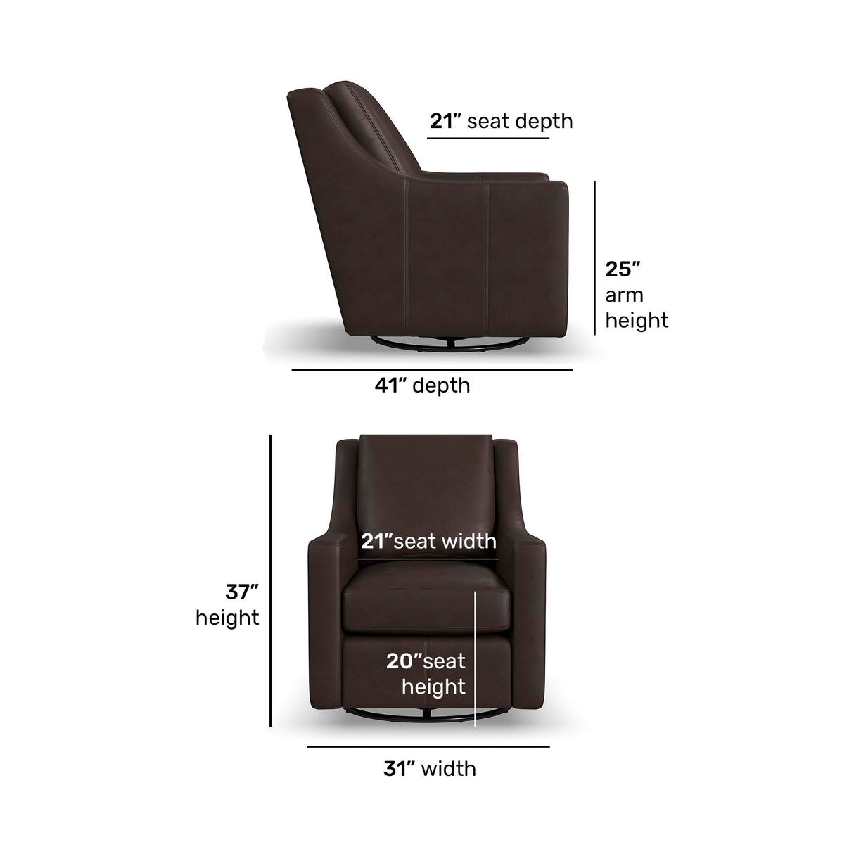Detail image of Murph Olive Brown Swivel Glider with overlay of product dimensions