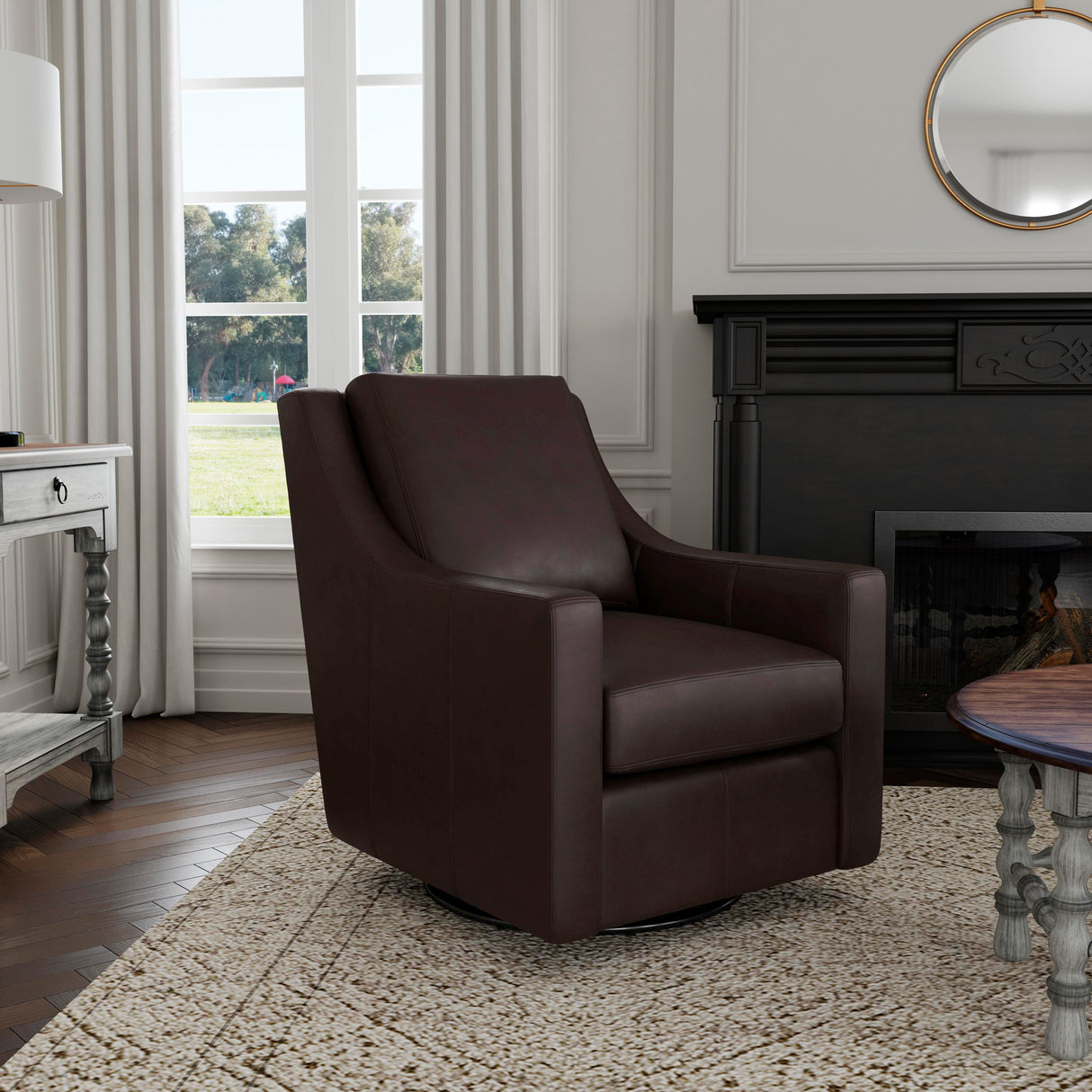 A room setting featuring Murph Olive Brown Swivel Glider